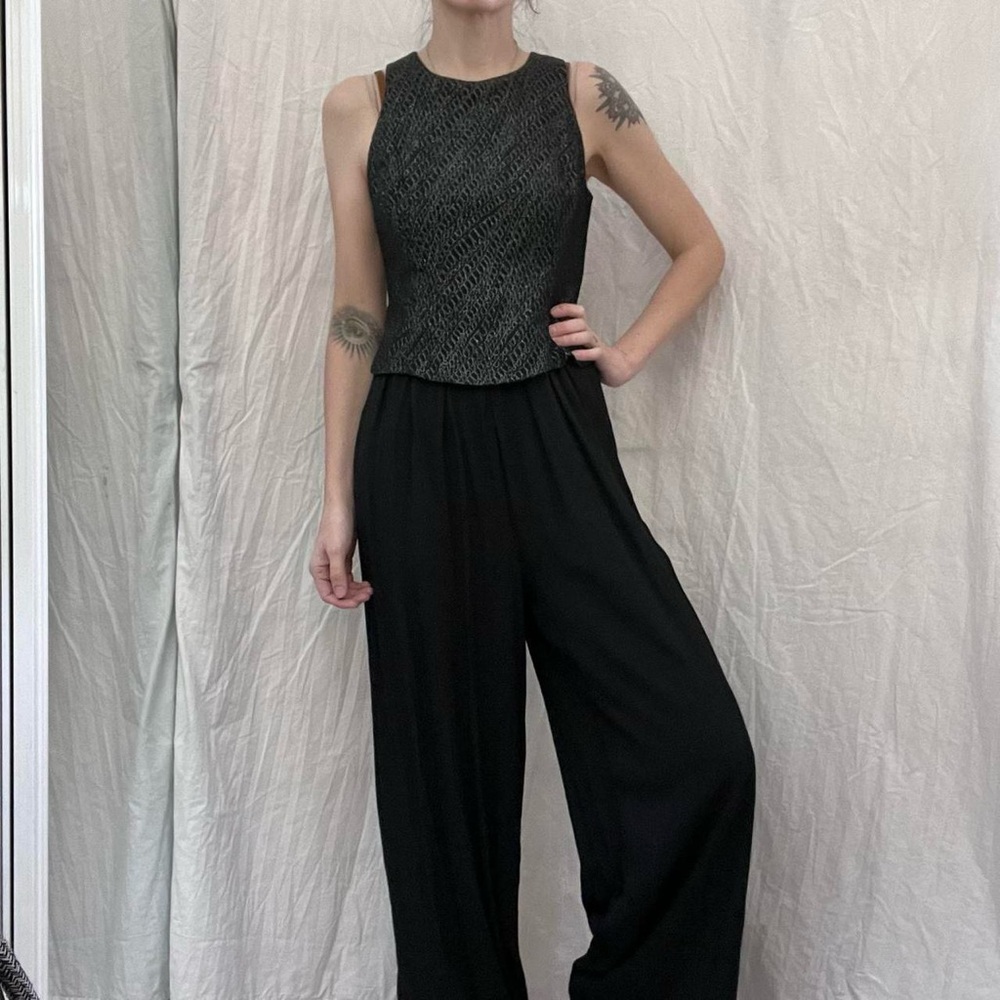 Black Sparkly Top and Flowy‎ Pants Jumpsuit Vintage 90s Size S